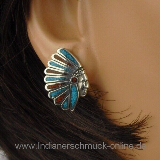 Indianhead Ohrstecker Trkis Koralle Indianerschmuck