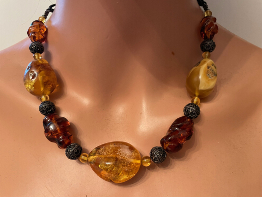 Natur Bernstein Collier bunt mit Leder