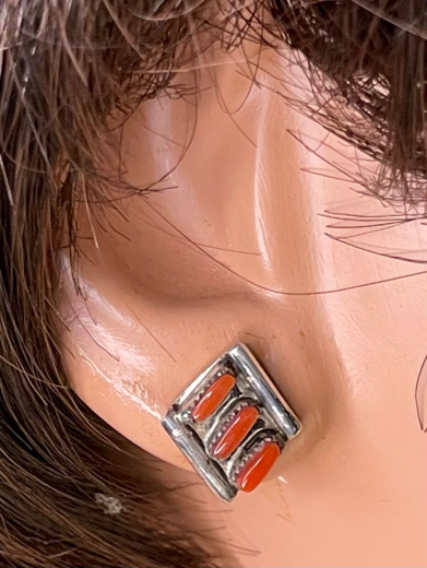 Koralle Ohrstecker Sterlingsilber Needlepoint Zuni Indianerschmuck