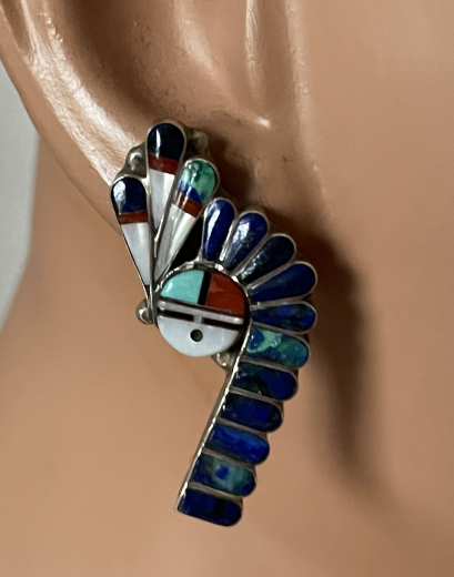 Sunface Warbonnet Ohrstecker Lapis Trkis Zuni Handarbeit