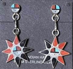 Sunface Sonnengesicht Ohrhnger Koralle Jet Zuni Handarbeit